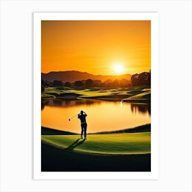 Golfer Mid Swing By A Radiant Sunset Silhouetted On A Serene Golf Course Rolling Hills Backlit By (7) Art Print