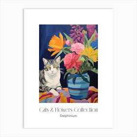 Cats & Flowers Collection Delphinium Flower Vase And A Cat, A Painting In The Style Of Matisse 0 Art Print