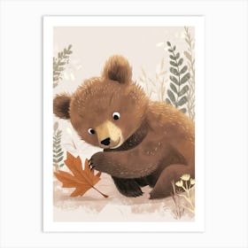 Brown Bear Cub Playing With A Fallen Leaf Storybook Illustration 1 Art Print