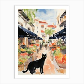 Food Market With Cats In Mallorca 1 Watercolour Art Print