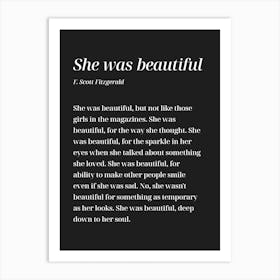 She Was Beautiful - F.Scott Fitzgerald (Black tone) Art Print