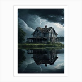 Old House Mirrored On A Serene Lake Brooding Clouds Overhead Casting Reflections Moody Atmosphere Art Print