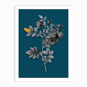 Vintage Turnip Roses Black and White Gold Leaf Floral Art on Teal Blue Art Print