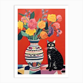 Foxglove Flower Vase And A Cat, A Painting In The Style Of Matisse 0 Art Print