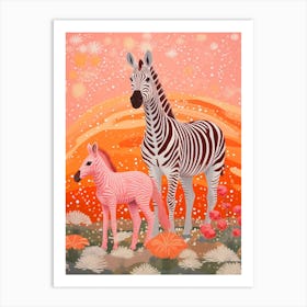 Zebra Mother & Calf Pink & Orange 3 Art Print