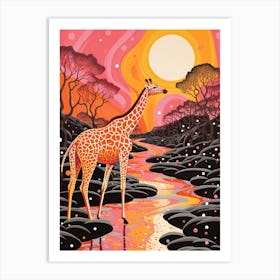 Giraffe In The River At Sunrise 4 Art Print