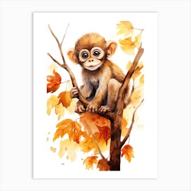 A Monkey Watercolour In Autumn Colours 1 Art Print