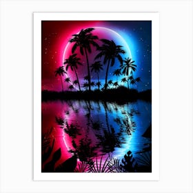 Neon landscape: Neon circle on a tropical beach [synthwave/vaporwave/cyberpunk] — aesthetic retrowave neon poster Art Print