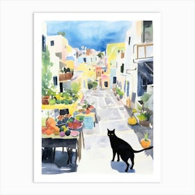 Food Market With Cats In Santorini 3 Watercolour Art Print