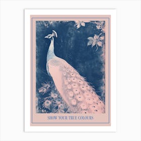 Pink & Blue Peacock Cyanotype Style 2 Poster Art Print