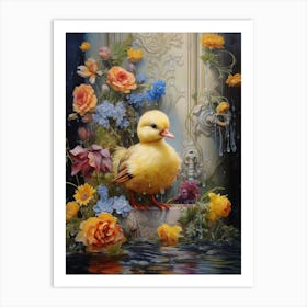 Duckling In The Fountain Floral Painting 1 Art Print