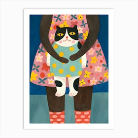 Black Woman in Flower Dress and Cat Art Print