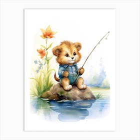 Fishing Watercolour Lion Art Painting 1 Art Print