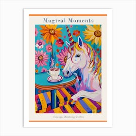 Floral Fauvism Style Unicorn Drinking Coffee 1 Poster Art Print