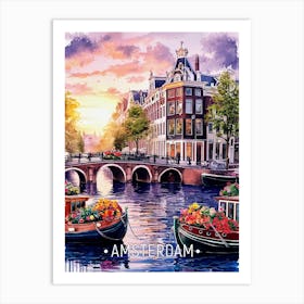 Amsterdam Sunset Watercolor Painting Art Print