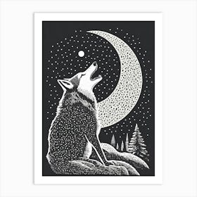 A Wolf Howling At A Crescent Moon Art Print