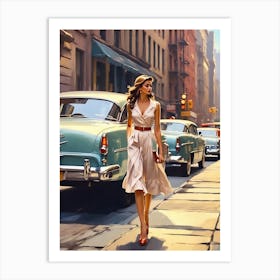 New York Middle 20th Century Walking Girl Retro Cars 3 Art Print