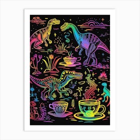 Neon Dinosaur Rainbow Illustration With Tea Art Print