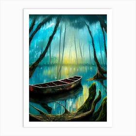 Swamp Bayou Rowboat Sunset Landscape Lake Water Moss Trees Logs Nature Scene Boat Twilight Quiet Peaceful Roots Abandoned Adventure Art Print