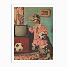 Dinosaur Playing Football Abstract Retro Collage 1 Art Print