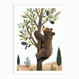 Brown Bear Cub Climbing A Tree Storybook Illustration 1 Art Print