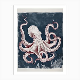 Retro Linocut Octopus With Blue Background 2 Art Print