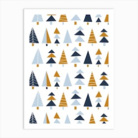 Modern Christmas Mid Century Geometric Trees Blue Navy Gold White Art Print