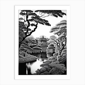 Hamarikyu Gardens, Japan Linocut Black And White Vintage Art Print