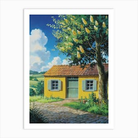 Anime Canvas Art: Cozy Yellow House with Flowering Tree, Orange Branches, and Blue Sky, Perfect for Lofi Aesthetic and Tranquil Nature Lovers. 1 Art Print