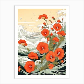 Great Wave With Nasturtium Flower Drawing In The Style Of Ukiyo E 2 Art Print