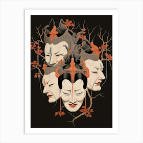 Noh Masks Japanese Style Illustration 18 Art Print
