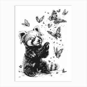 Red Panda Cub Playing With Butterflies Ink Illustration 2 Art Print