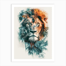 Double Exposure Realistic Lion With Jungle 29 Art Print