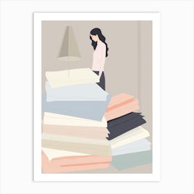 Woman Standing In Front Of A Pile Of Sheets Art Print