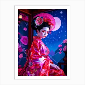 Geisha At Night - Red Illustration Art Print