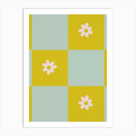 Modern Purple Grid With Daisies Yellow And Aqua Art Print