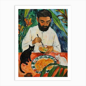 Portrait Of A Man With Cats Eating Pasta 2 Art Print