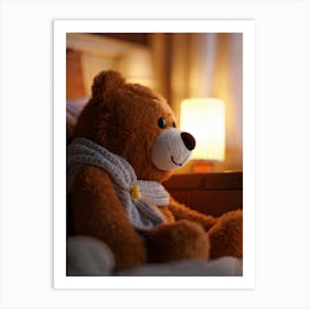 Teddy Bear Nestled Under A Pile Of Soft Knitted Blankets And A Scarf With Plush Fringes Meeting The Art Print