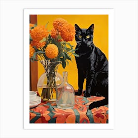 Marigold Flower Vase And A Cat, A Painting In The Style Of Matisse 1 Art Print