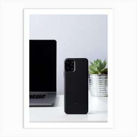 Black Leather Phone Case Matte Texture Stands Out Against Minimal Workspace White Lacquered Desk Art Print