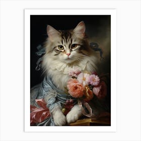 Cat With Flowers Rococo Style Painting Art Print