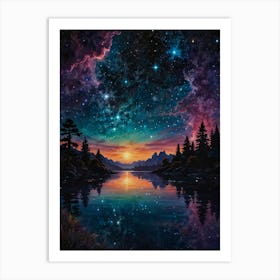 Night Sky Over Lake Art Print