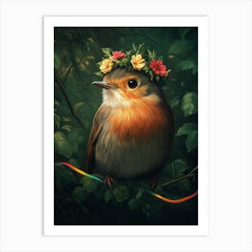 Little Robin Bird With A Flower Crown Art Print