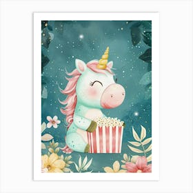Cute Pastel Unicorn Eating Popcorn Blue Background 1 Art Print