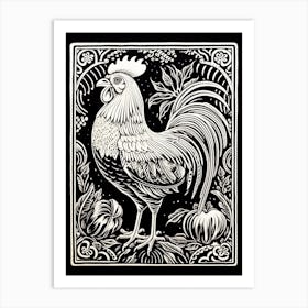 B&W Bird Linocut Rooster 1 Art Print