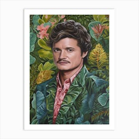 Floral Handpainted Portrait Of Pedro Pascal 4 Art Print