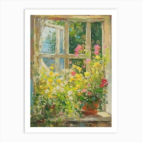 Freesia Flowers On A Cottage Window 1 Art Print