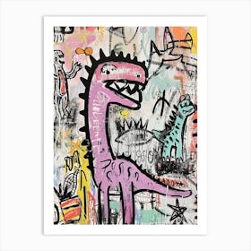 Abstract Pink Blue Graffiti Style Dinosaur Picnic 2 Art Print