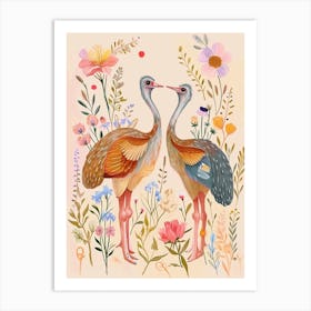 Folksy Floral Animal Drawing Ostrich 3 Art Print