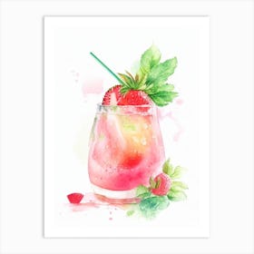 Strawberry Mojito, Cocktail, Drink Gouache Art Print